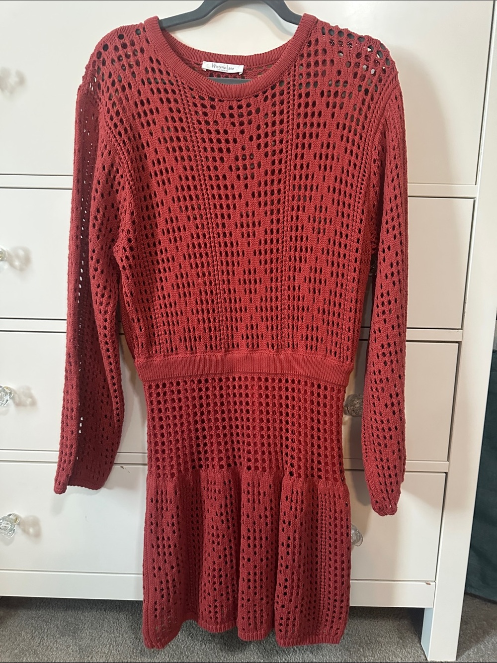Open-Knit Long Sleeve Dress in Rust